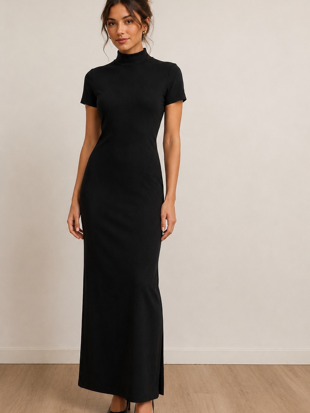 90s Banana Republic Black Column Maxi Dress Mock Neck Minimalist Capsule Small